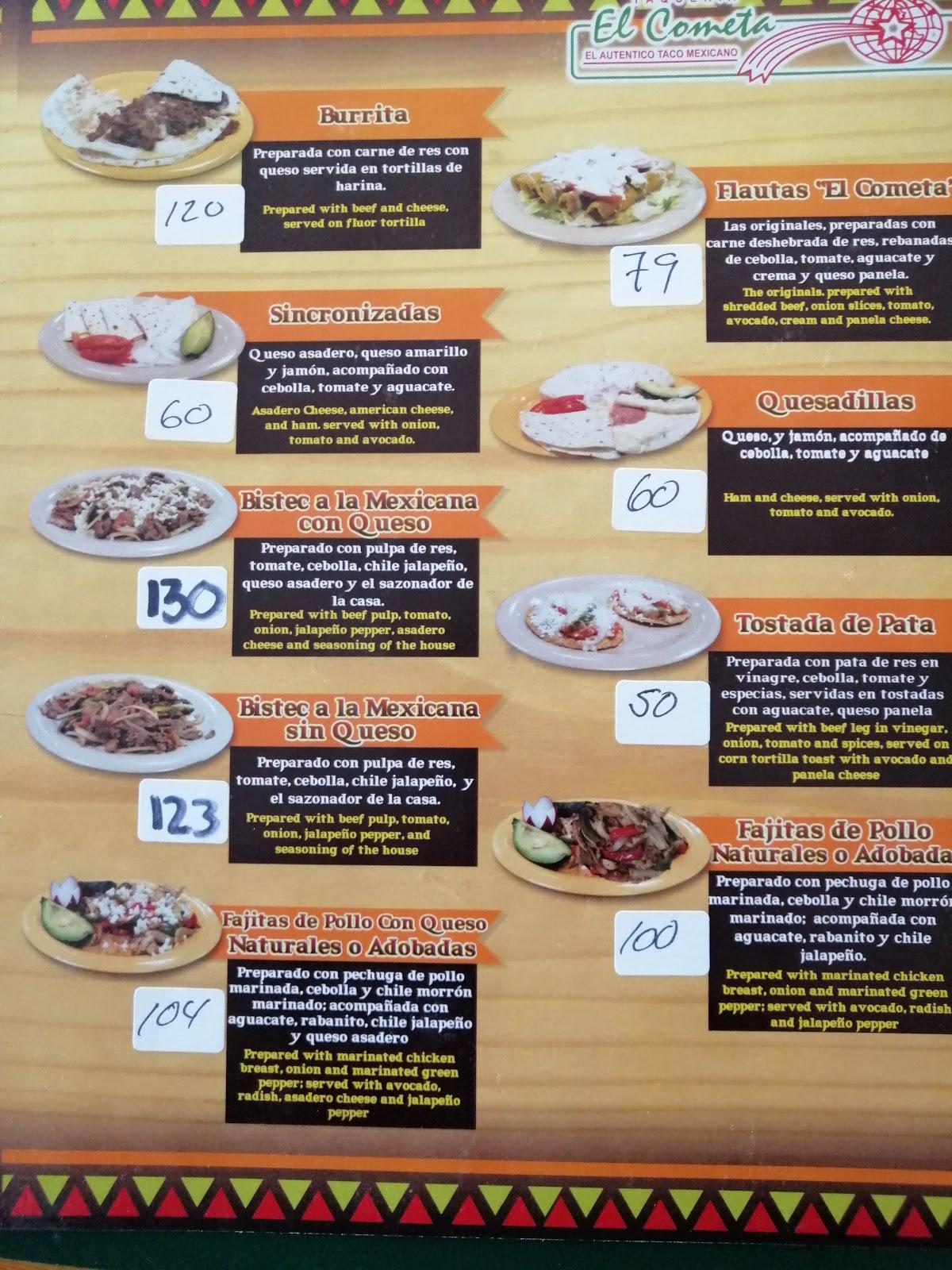 Menu at Taquería El Cometa Victoria restaurant, Ciudad Juarez