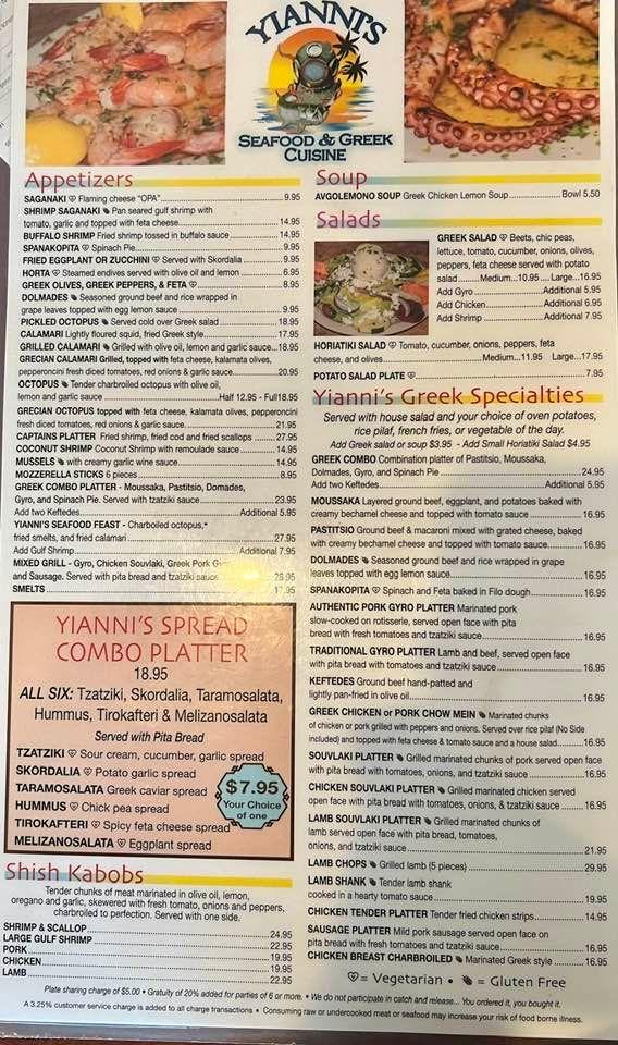 Menu at Yianni's Greek Cuisine restaurant, Tarpon Springs