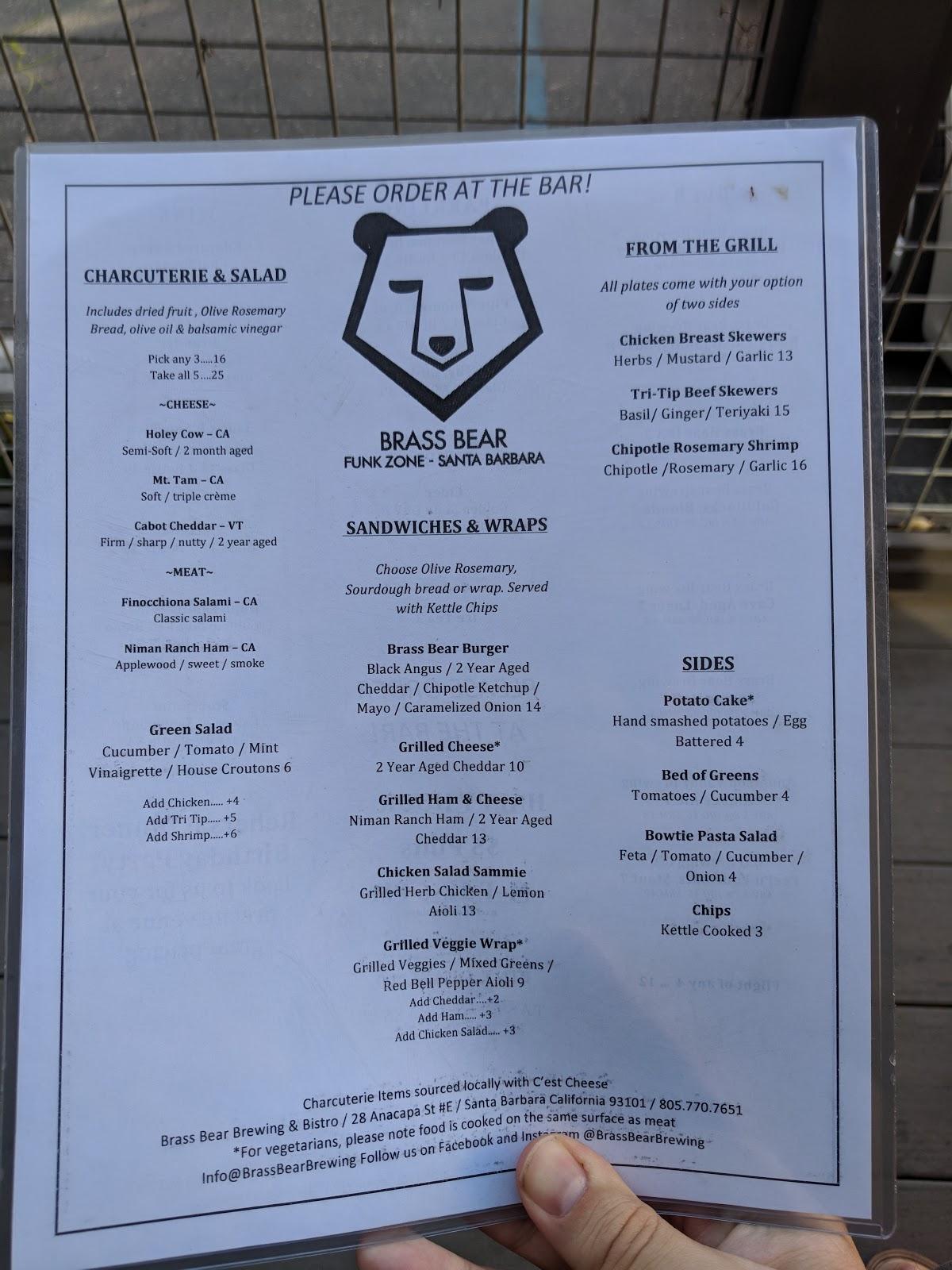 Menu at Brass Bear Brewing & Bistro pub & bar, Santa Barbara