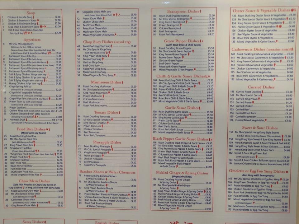 Menu at Mr Chiu restaurant, Hull