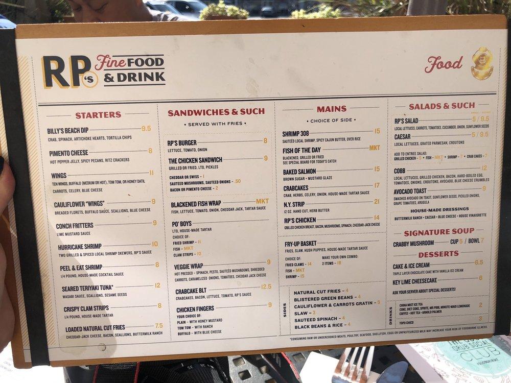 Menu at RP's Fine Food & Drink pub & bar, Jacksonville Beach