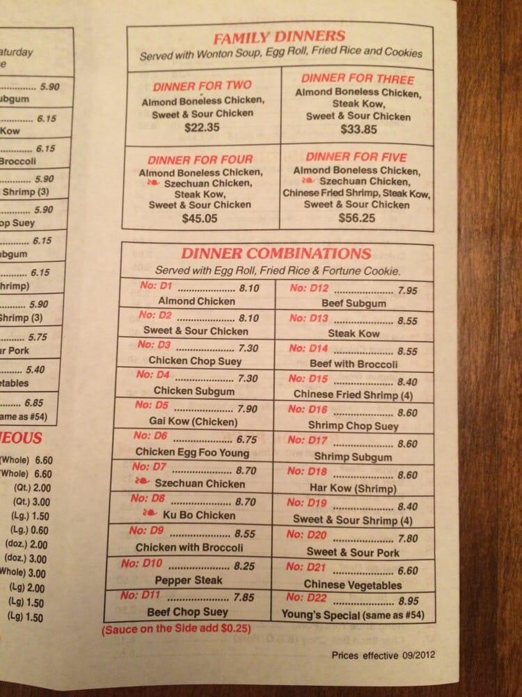 Menu at Young's Chinese Food Carryout restaurant, Royal Oak