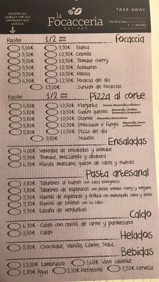 Carta del restaurante La Focacceria del Pas, El Pas del la Casa