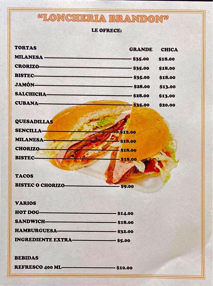 Menu at Lonchería “Brandon” restaurant, San Diego de la Unión