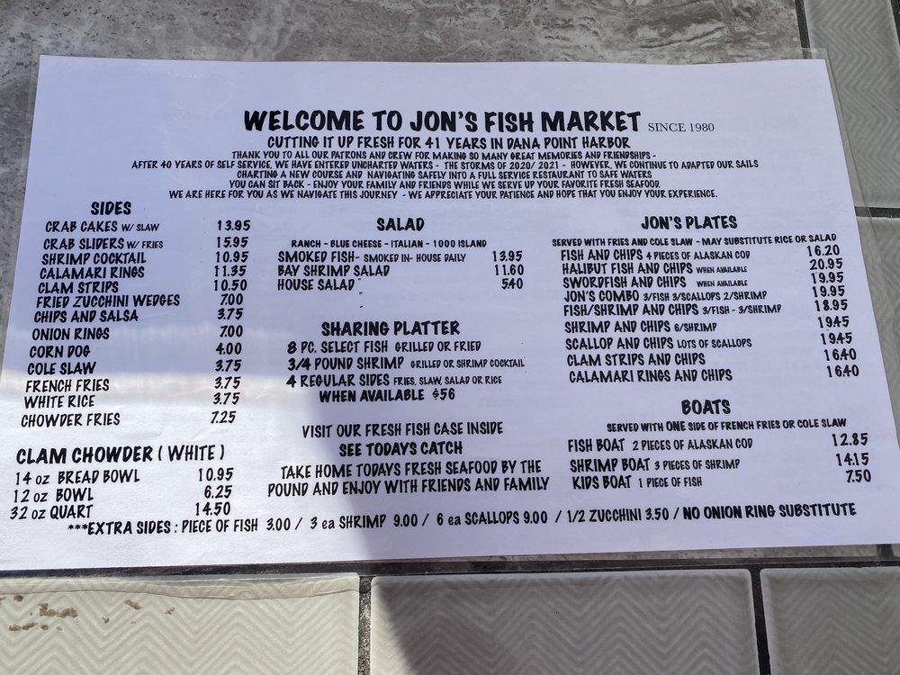 Menu at Jon's Fish Market restaurant, Dana Point