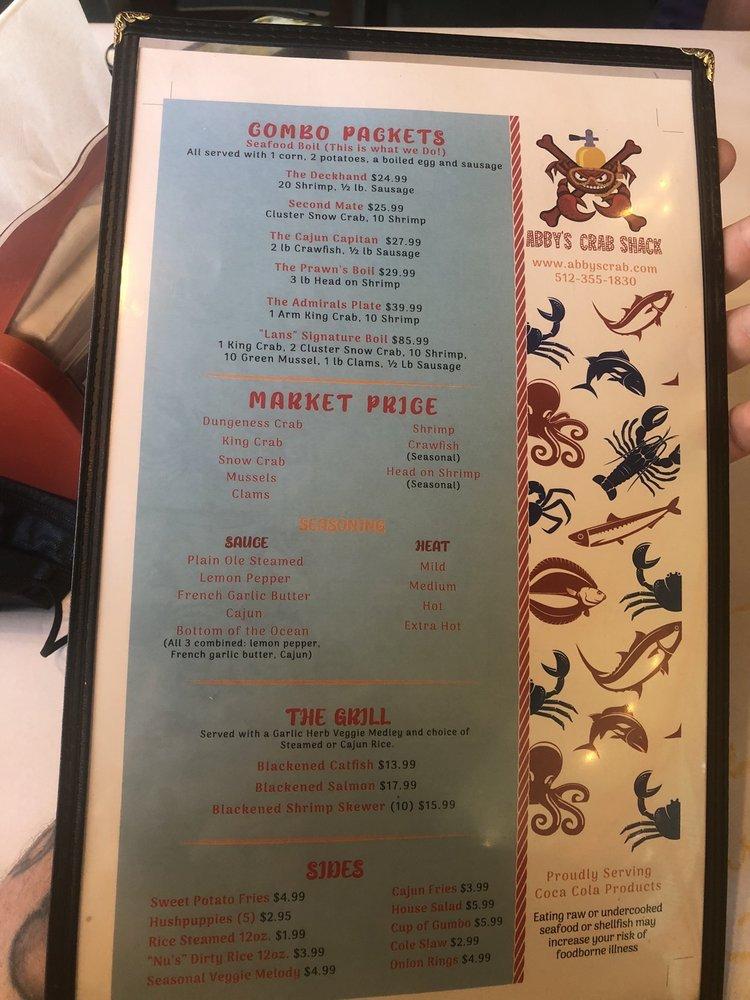 Menu at Abby's Crab Shack Cedar Park pub & bar, Cedar Park