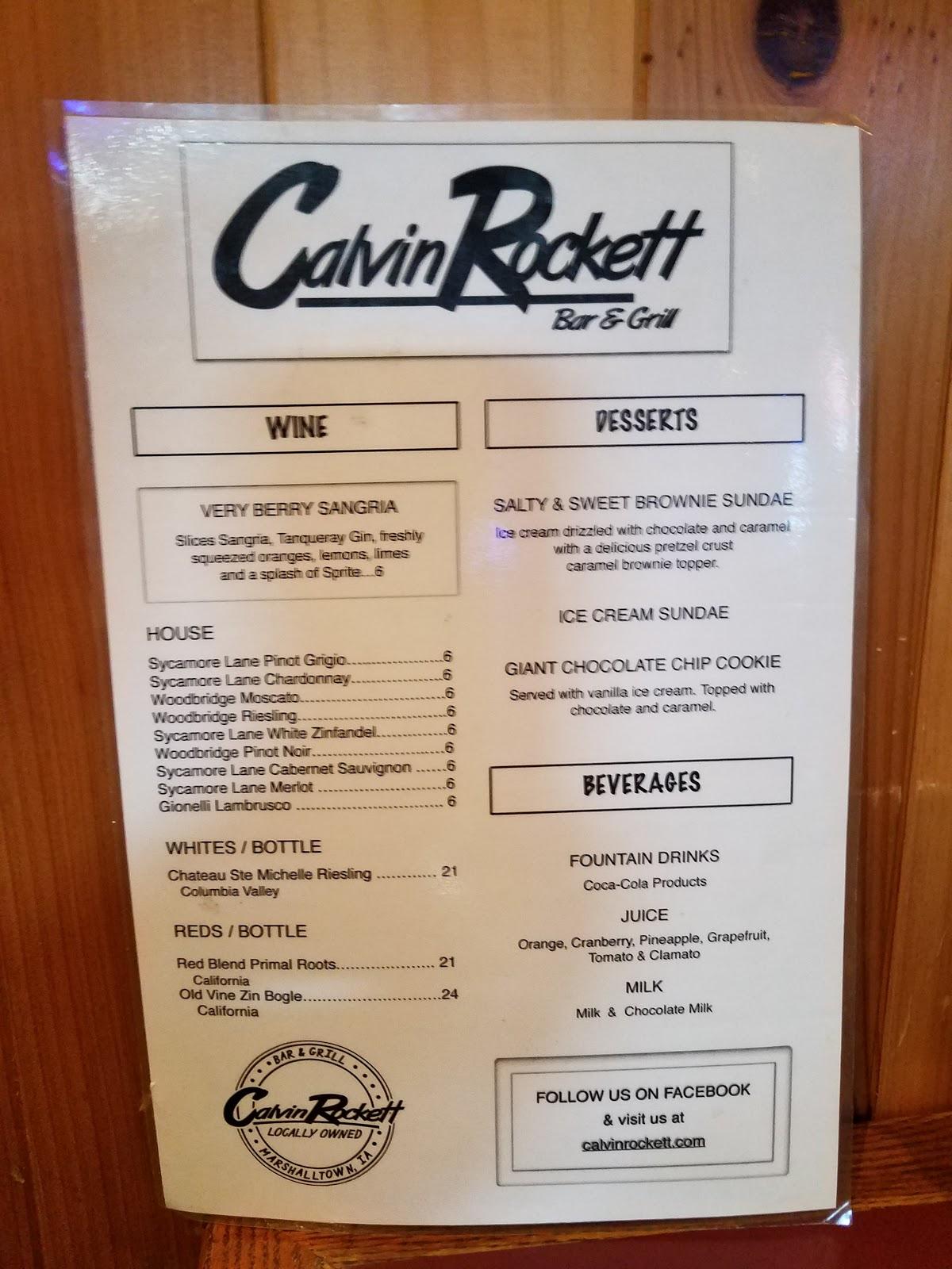 Menu at Calvin Rockett Bar & Grill, Marshalltown