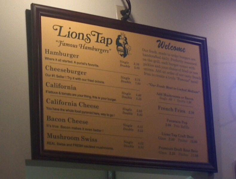 Menu at Lions Tap restaurant, Eden Prairie