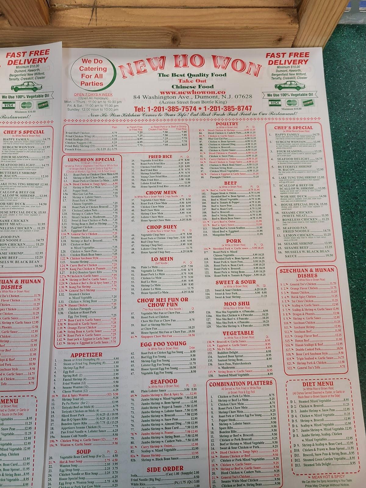 Menu at New Ho Won restaurant, Dumont
