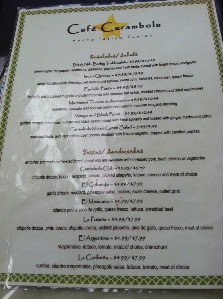 Menu at Café Carambola restaurant, Coeur d'Alene