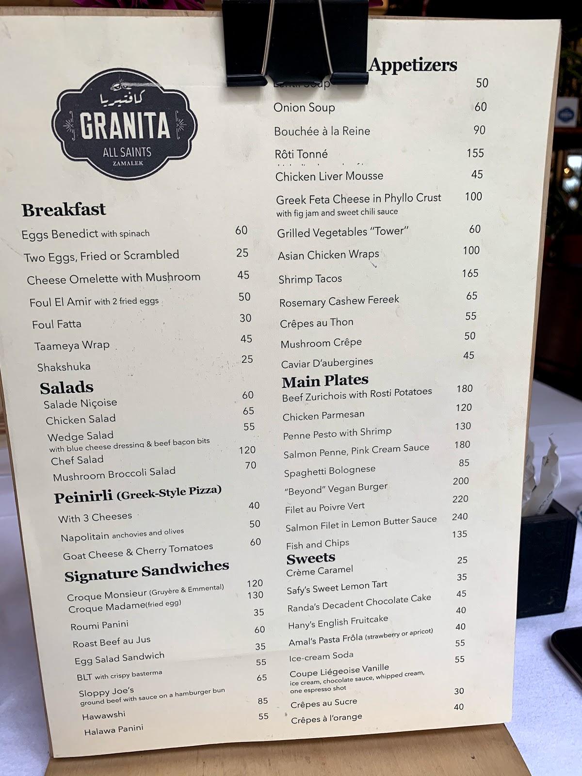 Menu at Granita Cairo cafeteria, Cairo