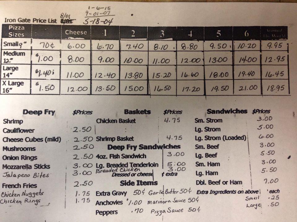 Carta de pizzería Iron Gate Pizza, Cannelton