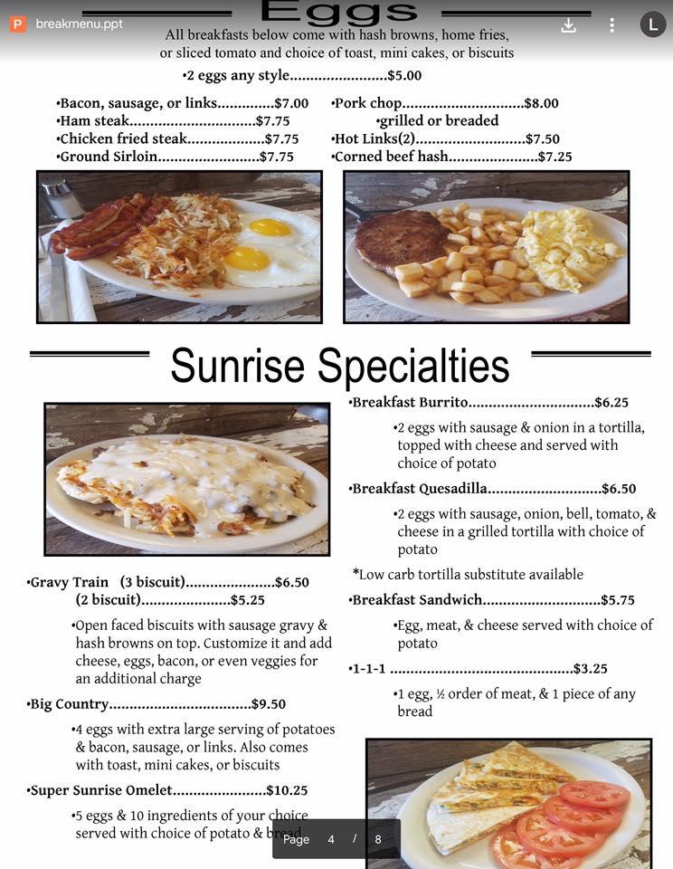 Menu at Sunrise Cafe, Kingfisher