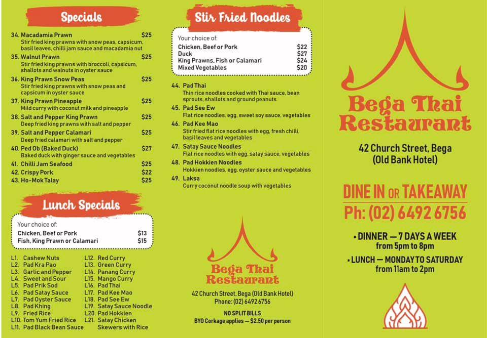 Menu At Bega Thai Restaurant Bega