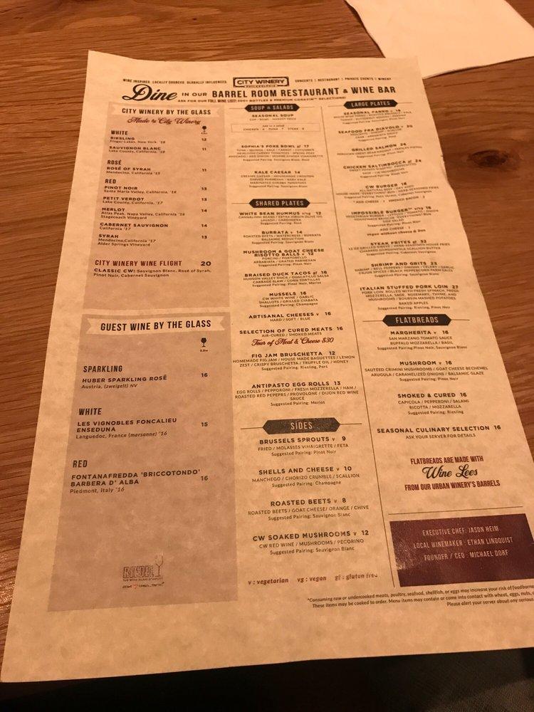Menu at City Winery Philadelphia pub & bar, Philadelphia