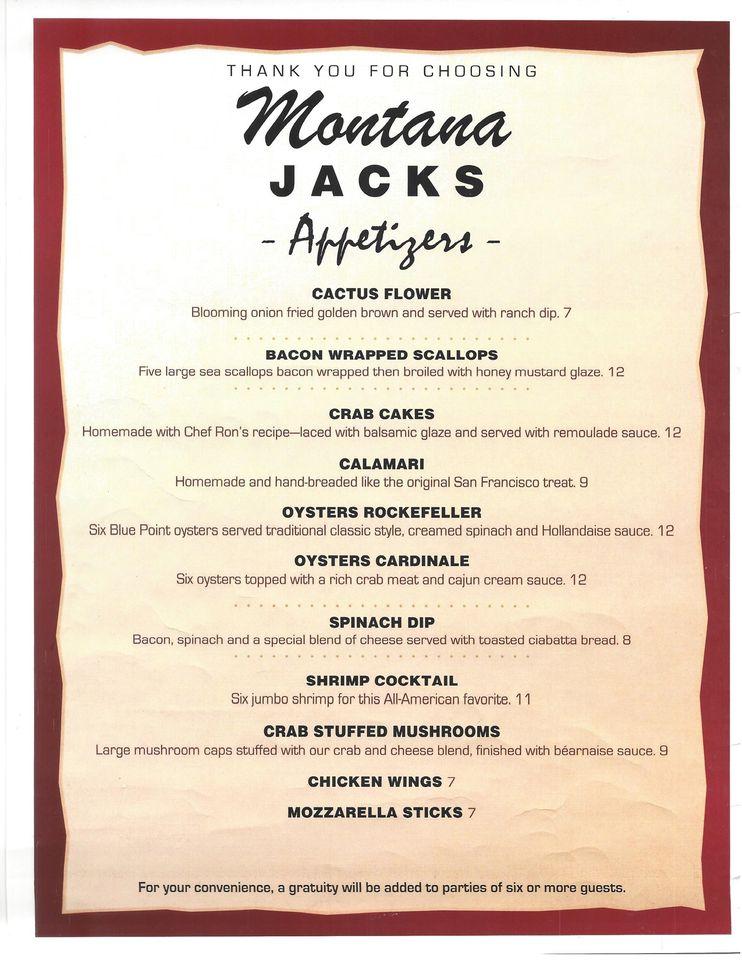 Menu at Montana Jacks steakhouse, Moline