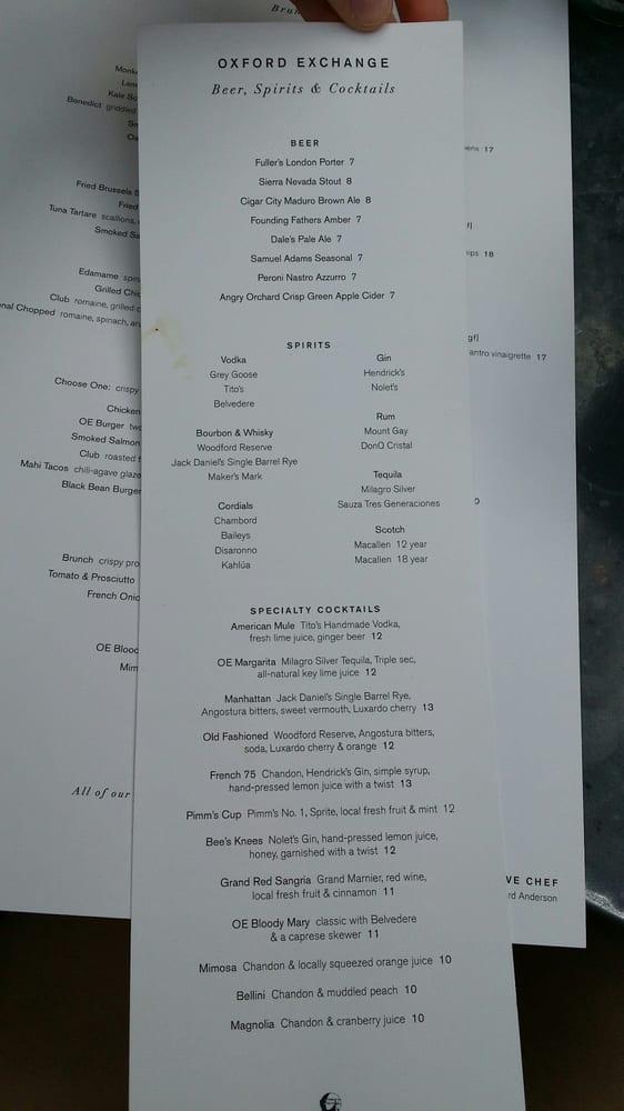 Menu at Oxford Exchange restaurant, Tampa