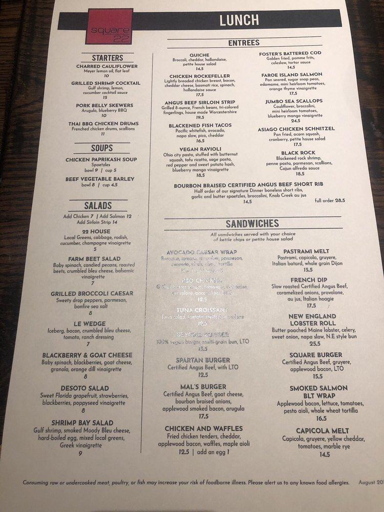 Menu at Square 22 Restaurant and Bar, Strongsville