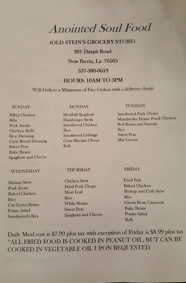 Menu At Anointed Soul Food Restaurant New Iberia 201 Daspit Rd