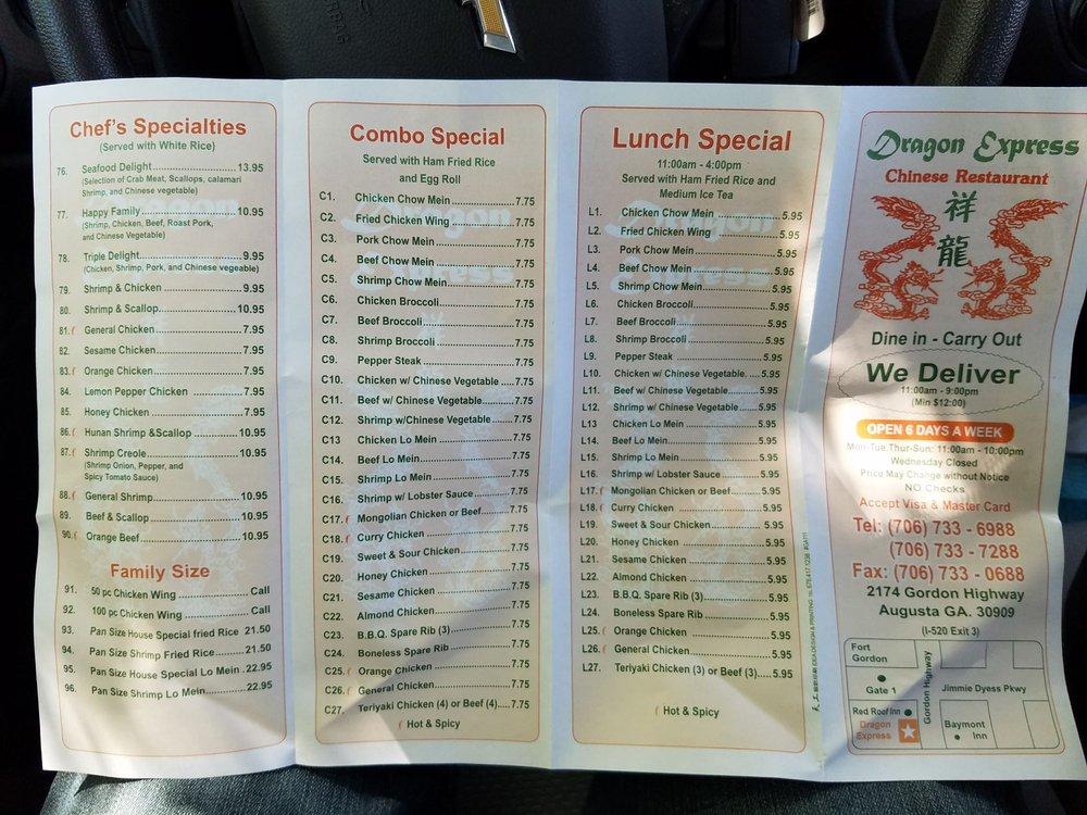 Menu at Dragon Express restaurant, Augusta