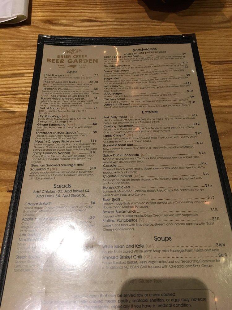 Menu at Brier Creek Beer Garden pub & bar, Raleigh, Brier Creek Pkwy