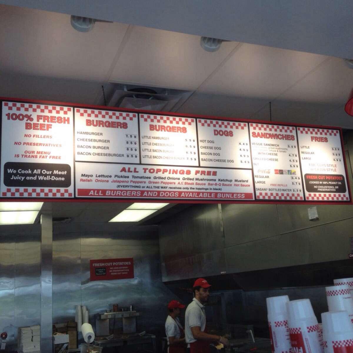 Menu at Five Guys fast food, Winnipeg, Pembina Hwy