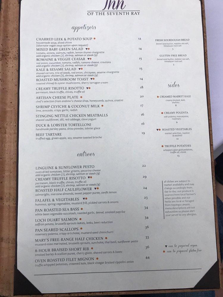 Menu at Inn of the Seventh Ray restaurant, Topanga