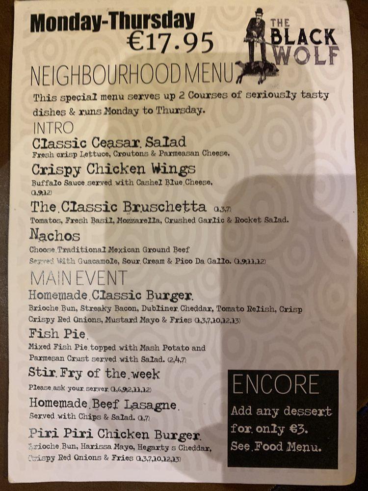 Menu at The Black WolfBeer & Food Co pub & bar, Dublin