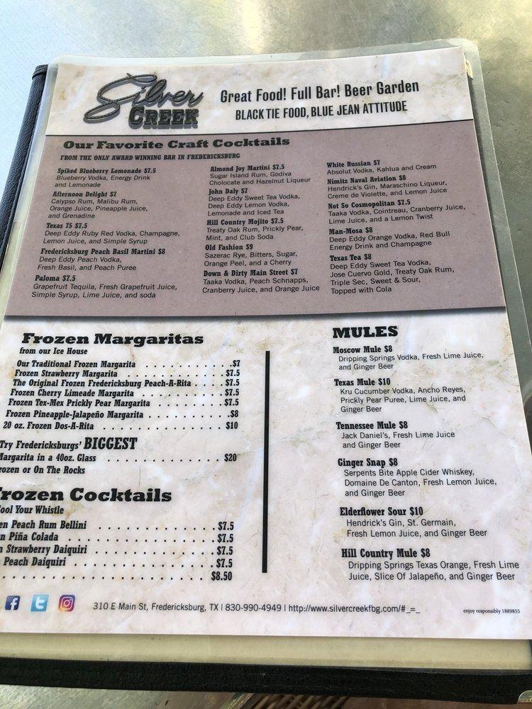 Menu at Silver Creek Beer Garden & Grille pub & bar, Fredericksburg