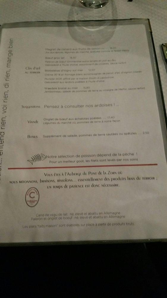 Menu au Auberge du Pont de la Zorn restaurant, Weyersheim