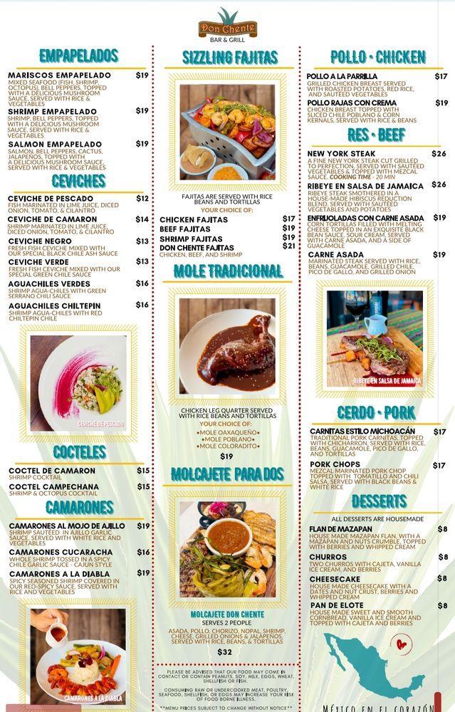Menu at Don Chente Bar & Grill, Pico Rivera