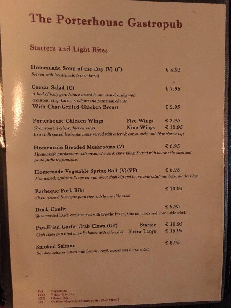 Menu at Porterhouse pub & bar, Killarney