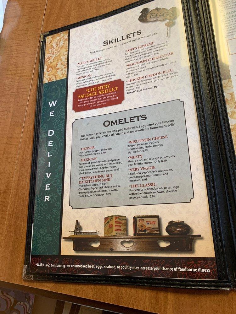 Menu at Roxie’s Country Skillet restaurant, Adams