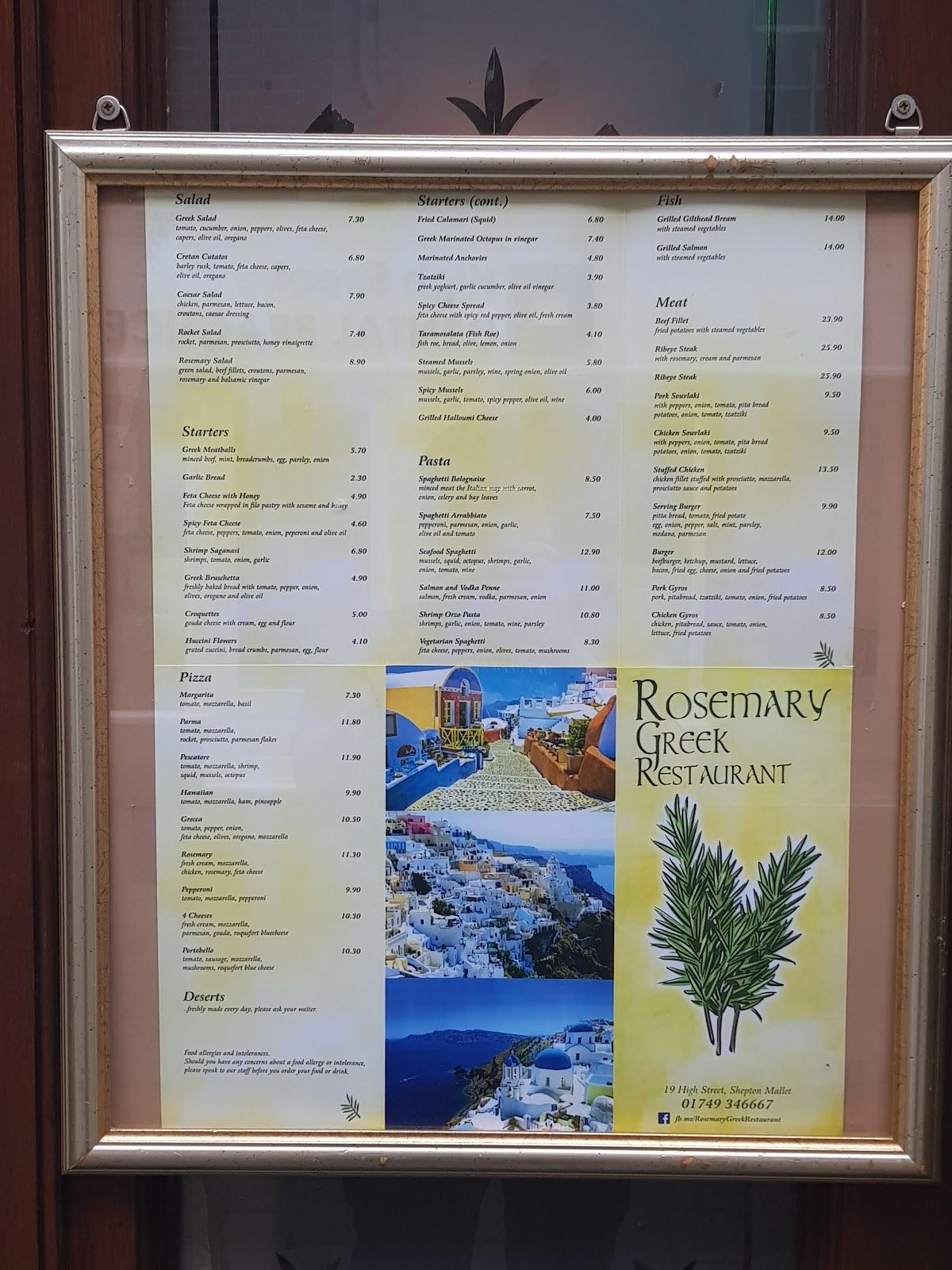 Menu at Rosemary Greek Restaurant, Shepton Mallet