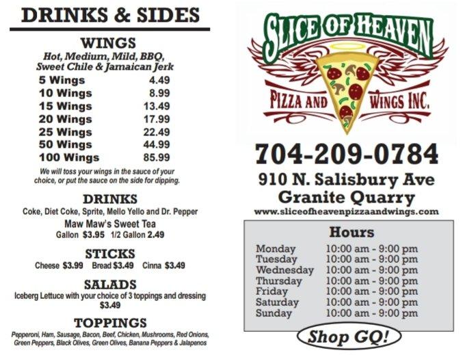 Menu at Slice of Heaven Pizza & Wings pizzeria, Granite Quarry, 910 N