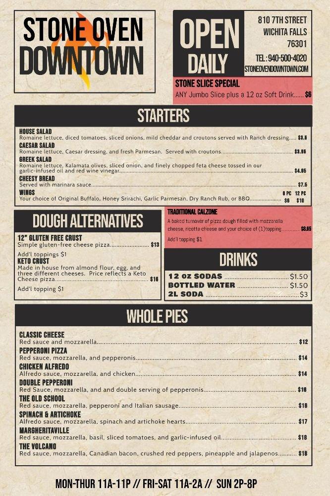 Menu at Stone Oven Pizza pizzeria, Wichita Falls