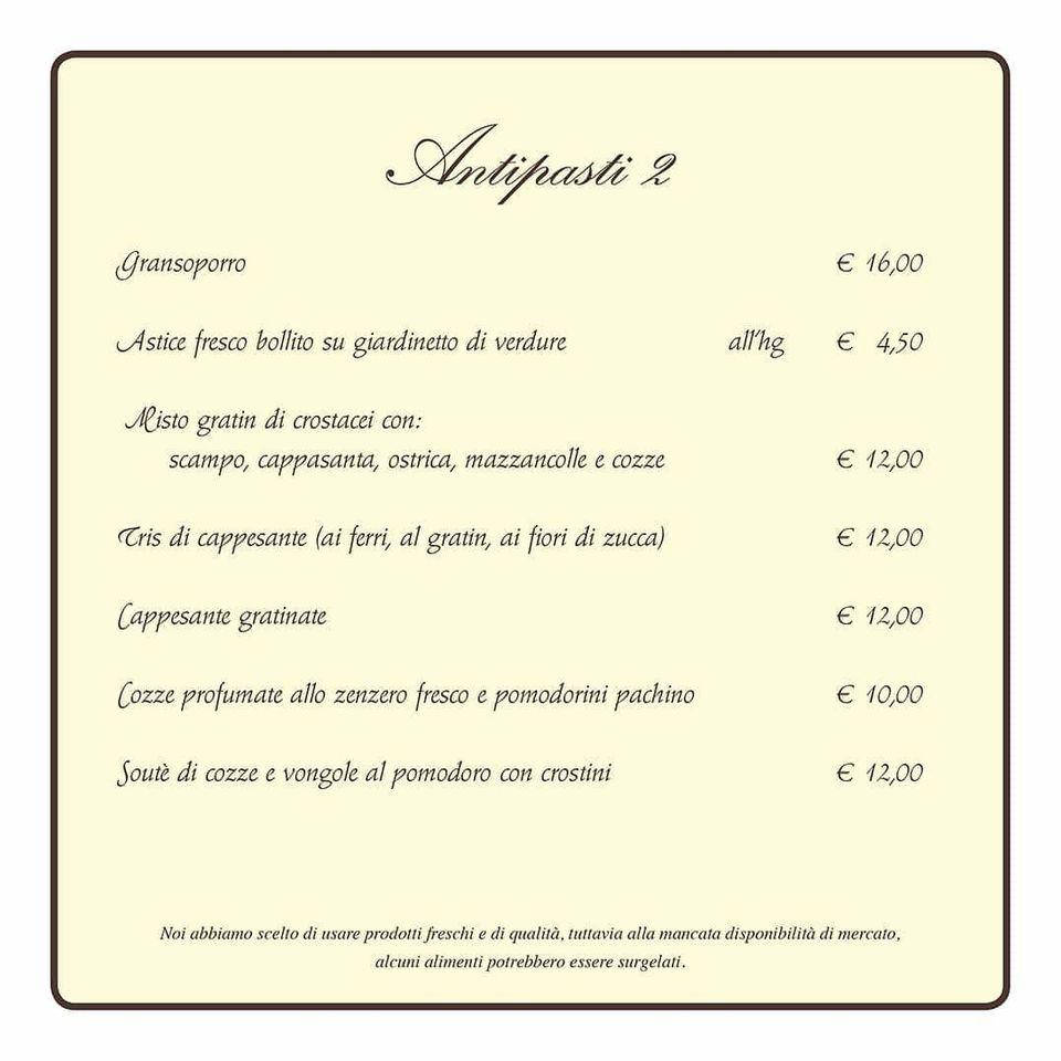 Menu at Antica Quercia restaurant, Solesino