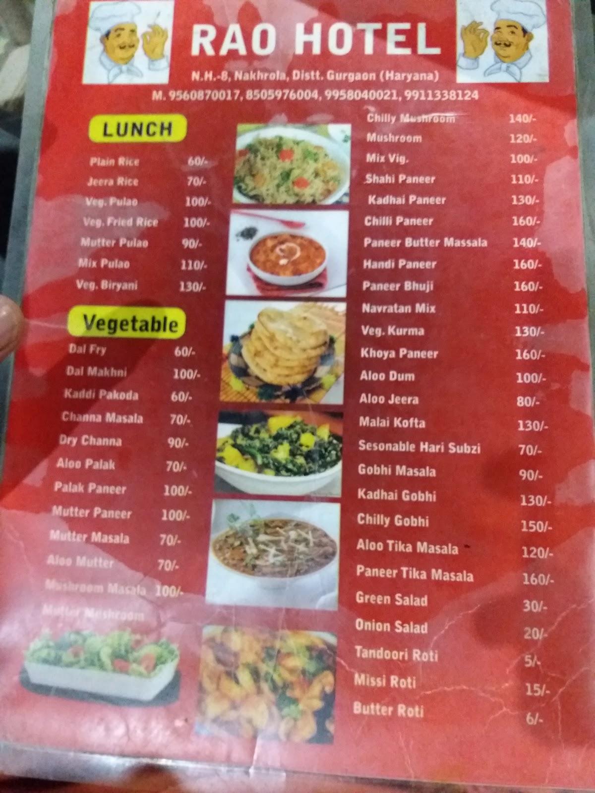 Menu at Rao Hotel, Gurugram, 9XG4+68V