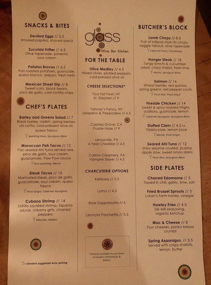Menu at glass wine. bar. kitchen, Hawley