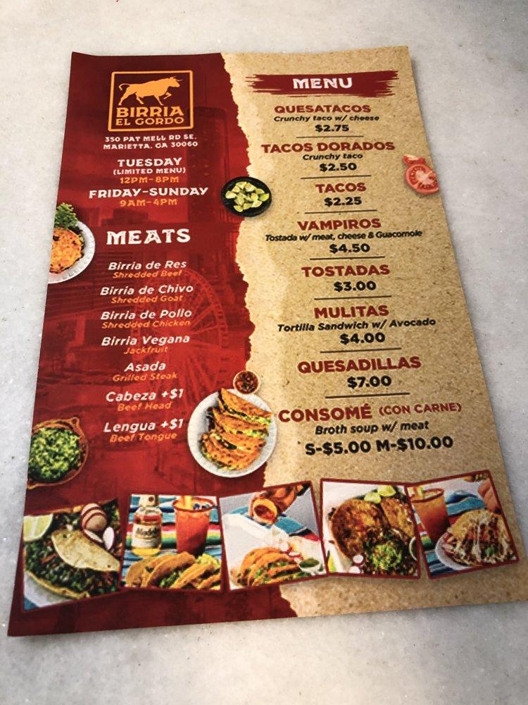 Menu at Birria El Gordo restaurant, Marietta