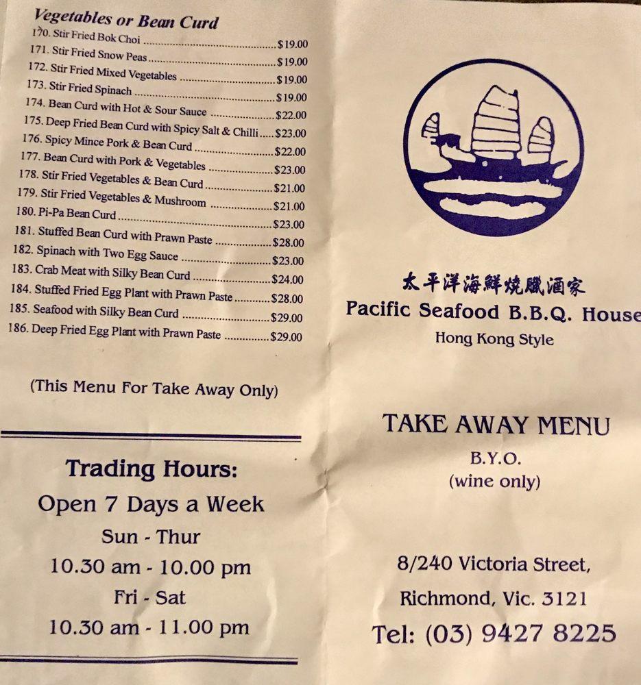 Menu at Pacific House Restaurant, Richmond, 8/240 Victoria St