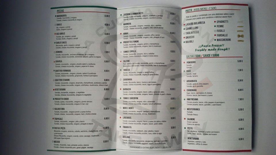 Carta del restaurante Pizza y pasta by Enzo costa teguise, Costa Teguise