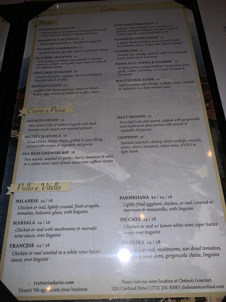 Menu at Trattoria Dario restaurant, Vero Beach