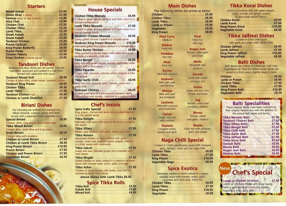 Menu at Spice India fast food, Blandford Forum