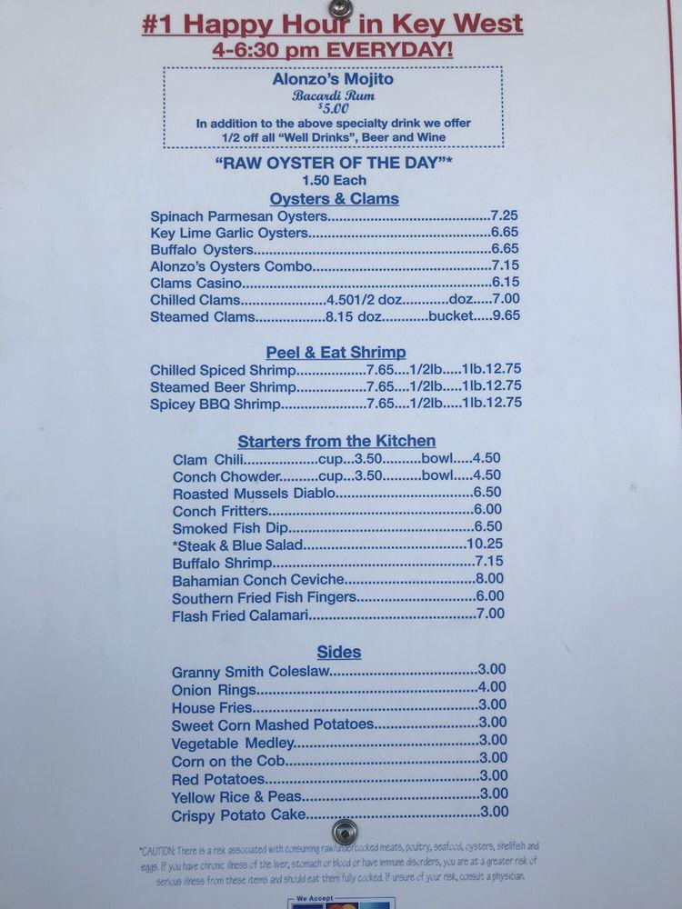 Menu at Alonzo's Oyster Bar, Key West