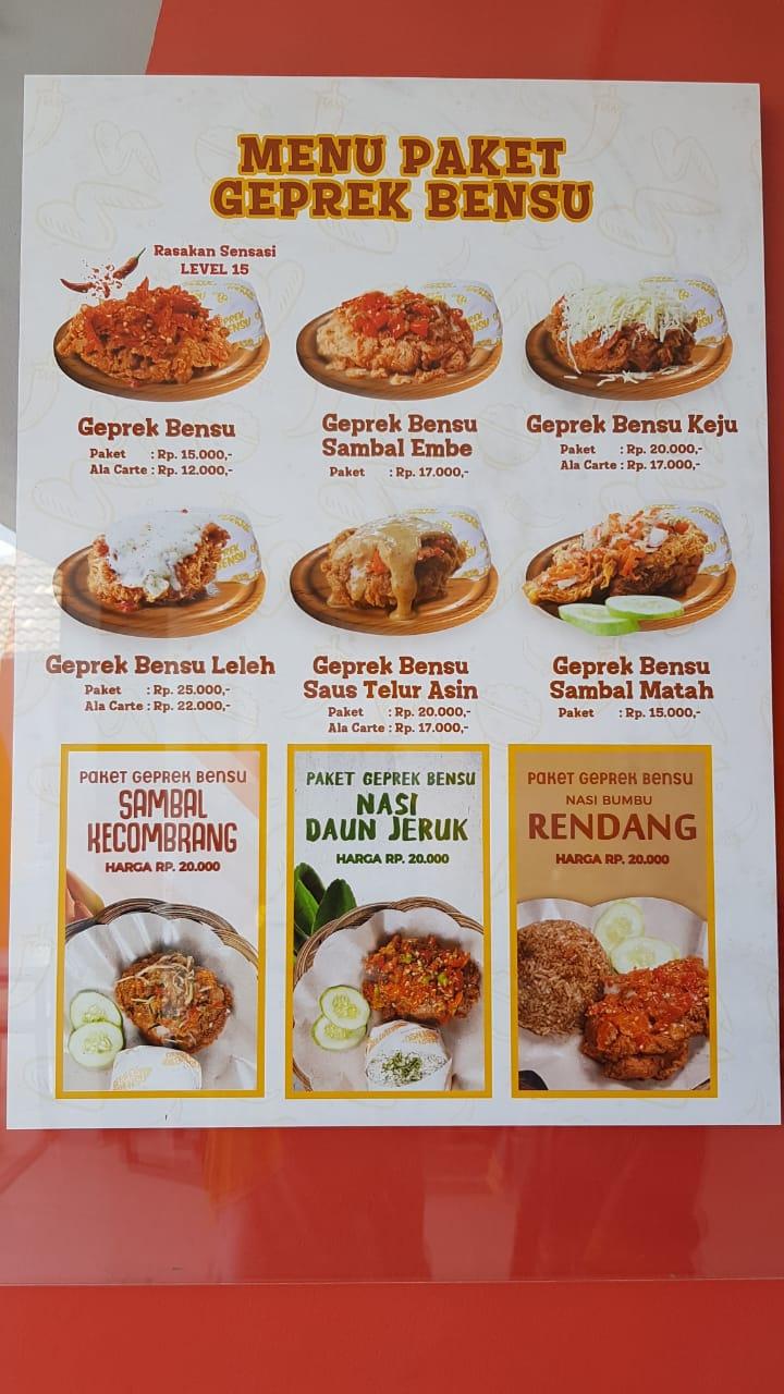 Menu at Geprek Bensu Jonggol restaurant, Jonggol