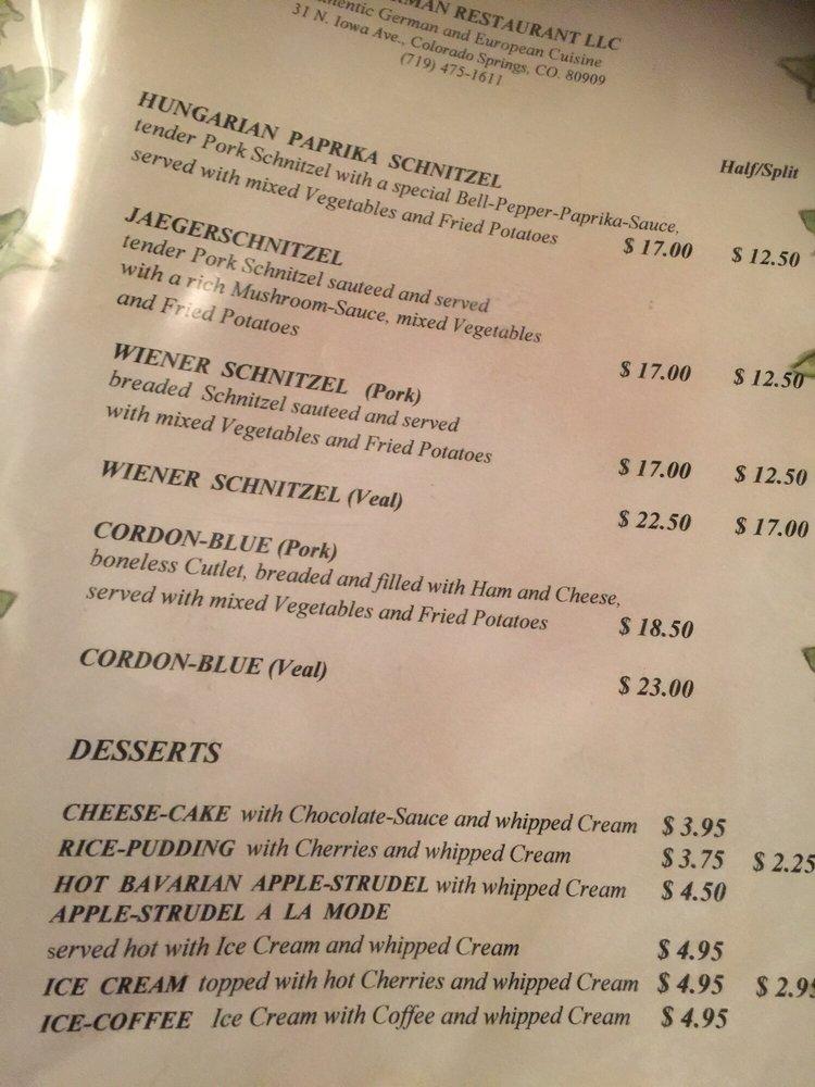 Menu at Uwe's German Restaurant, Colorado Springs