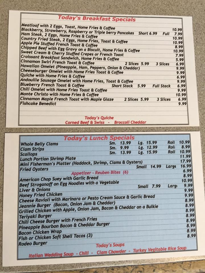 Menu at Jeanne's Family Diner restaurant, Swanzey