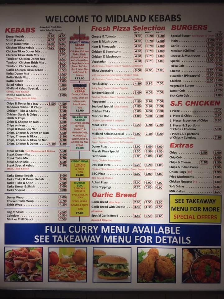 Menu at Midland Kebabs fast food, Derby