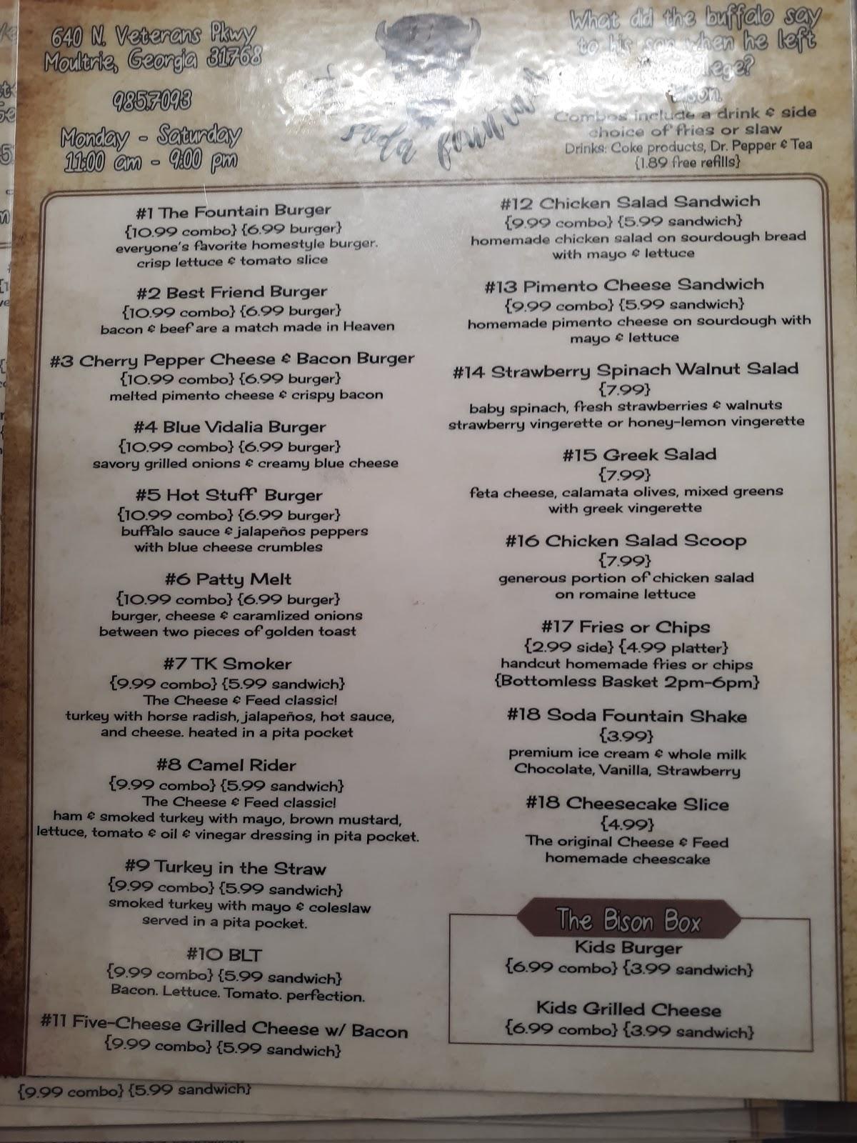Menu at The Soda Fountain restaurant, Moultrie
